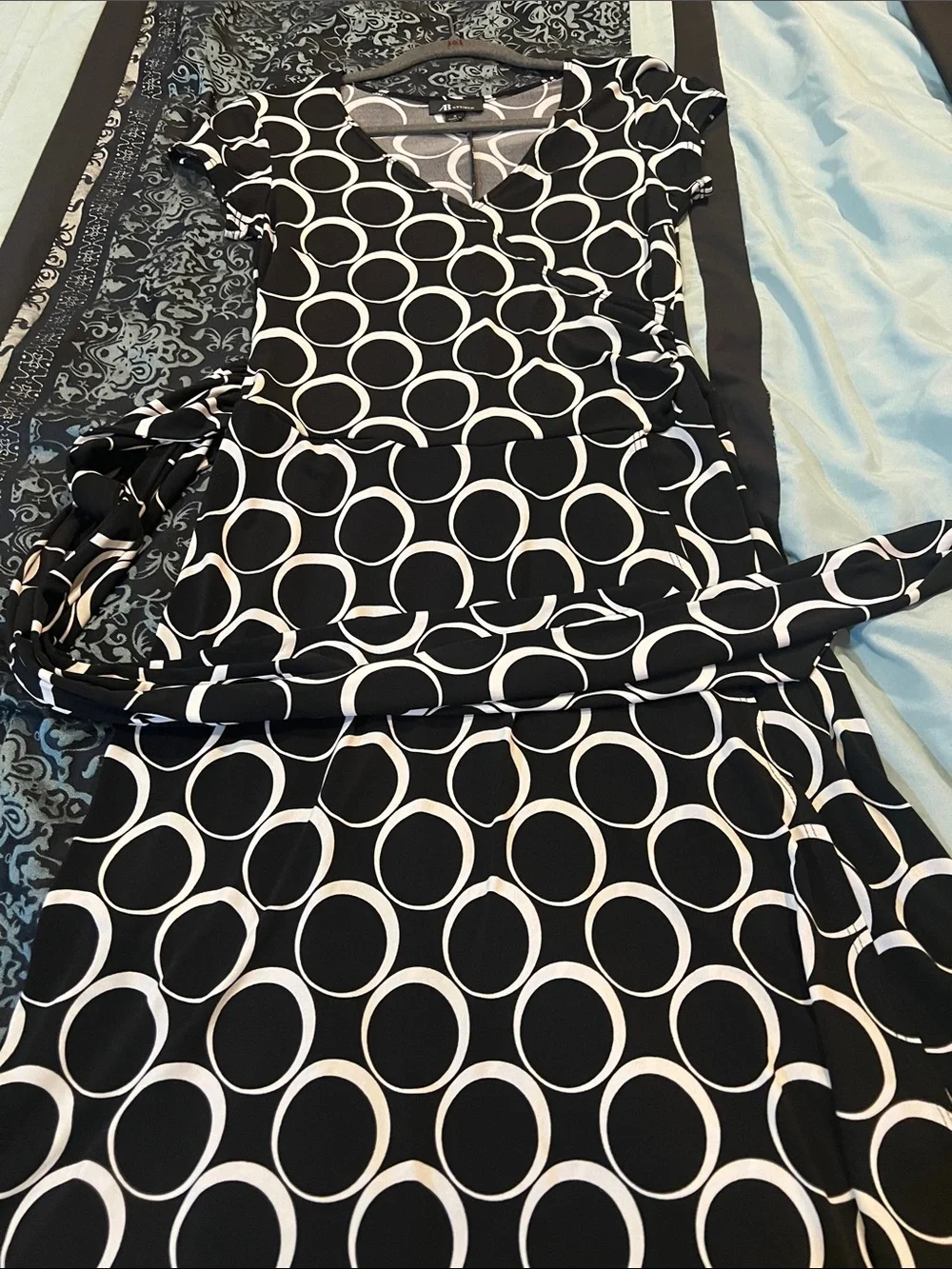 AB Studio Black & White Circle-Print Wrap-Style Midi Dress